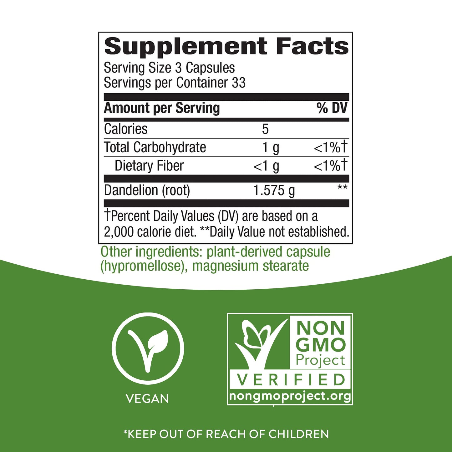 Nature's Way Dandelion Root, 1,575 mg per serving, Non-GMO, Gluten Free, Vegetarian, 100 Capsules