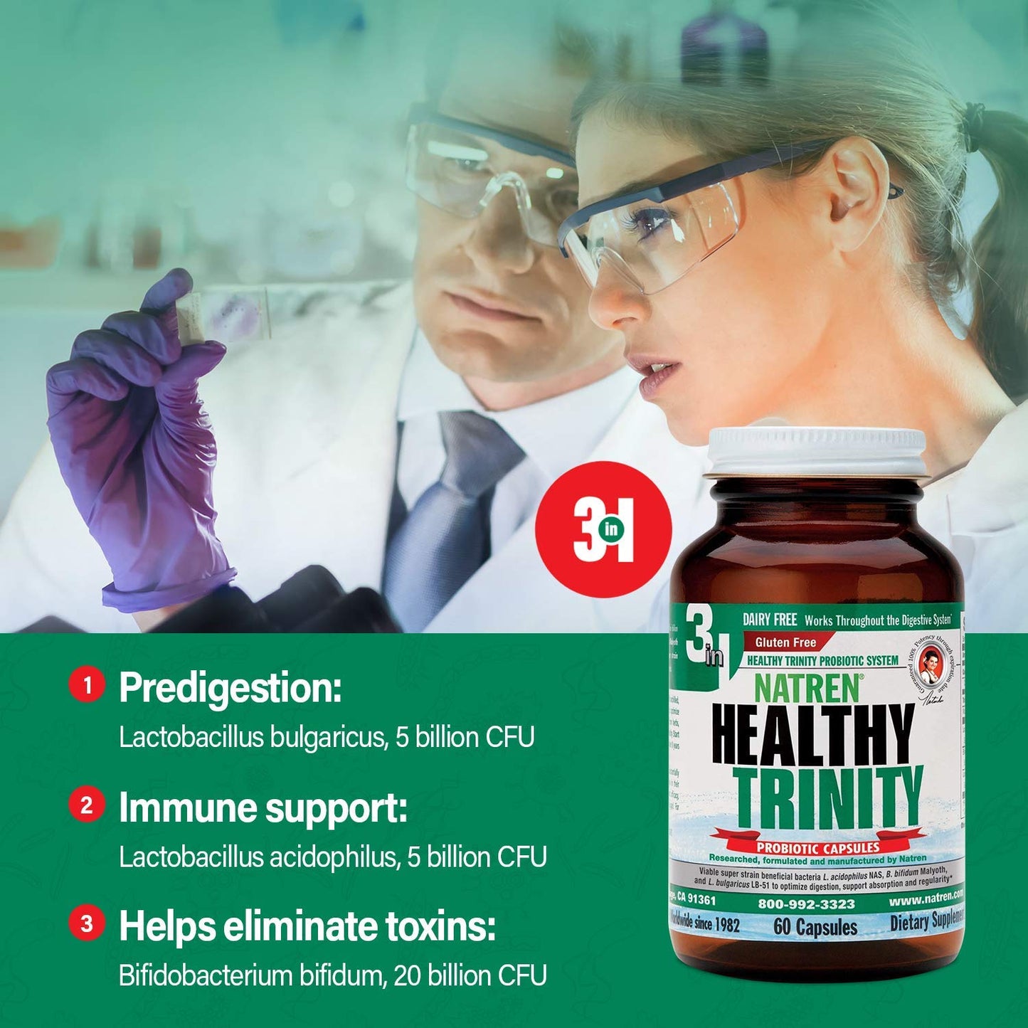 Natren Healthy Trinity Probiotics Supplement - 60 Dairy and Gluten Free Gel Capsules