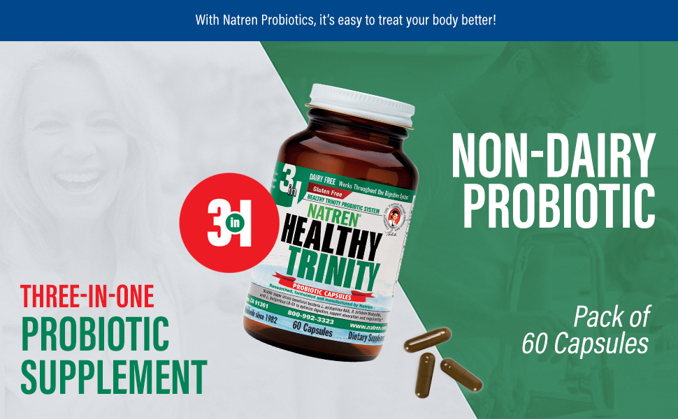 Natren Healthy Trinity Probiotics Supplement - 60 Dairy and Gluten Free Gel Capsules