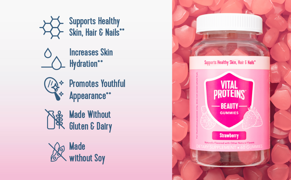 Vital Proteins Beauty Gummies, 2500mcg Biotin, Vitamin A, Zinc Supplement, Helps Supporth Healthy Hair, Skin, and Nails, 60 ct