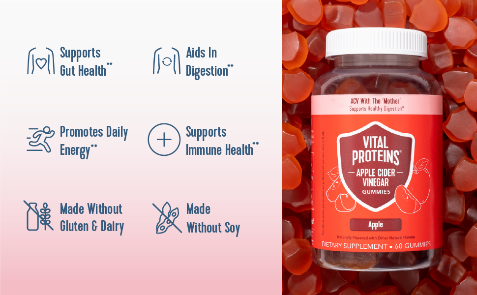 Vital Proteins Apple Cider Vinegar Gummies, 500mg Apple Cider Vinegar, Vitamin B12, 60ct