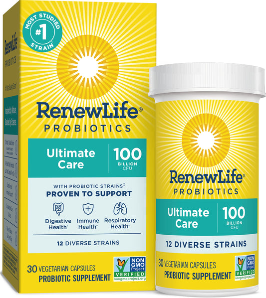 Renew Life Adult Probiotics, 100 Billion CFU Guaranteed, Ultimate Care Probiotic Supplement for Digestive & Immune Health (30 Capsules)